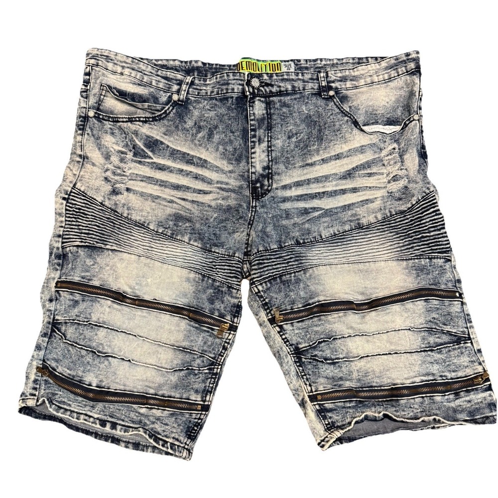 Acid Wash Moto Urban Hip Hop Denim Shorts Blue Distressed Zipper Size 48‎